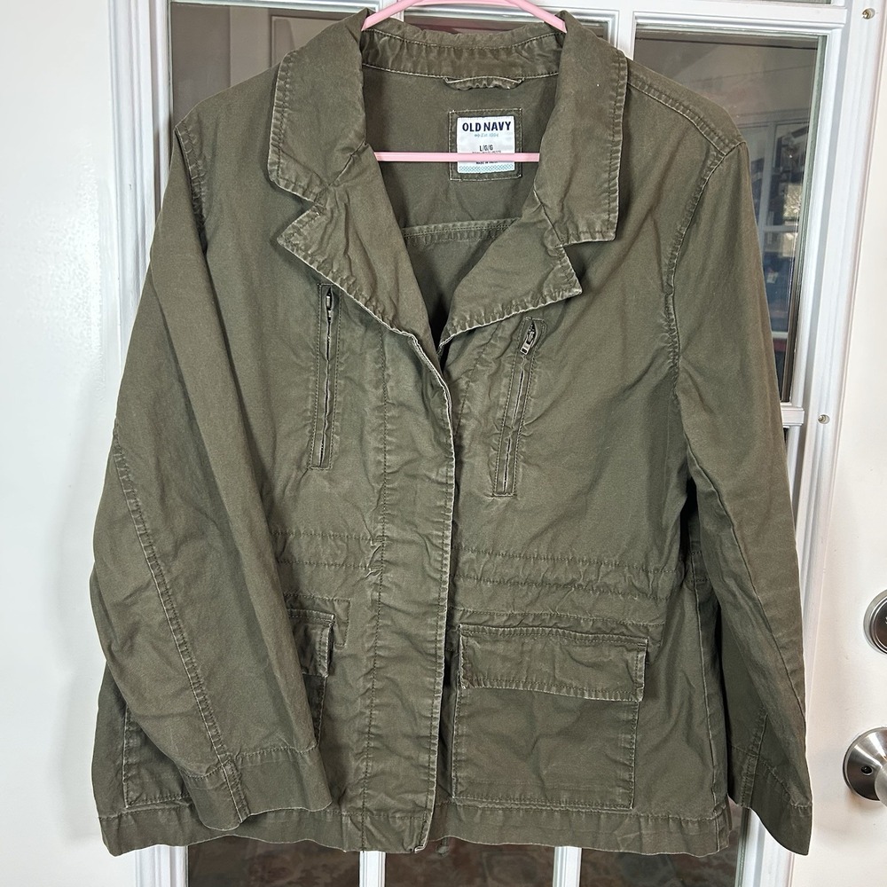 Old Navy Olive Green Utility Field‎ Jacket Button Up Drawstring Size Large